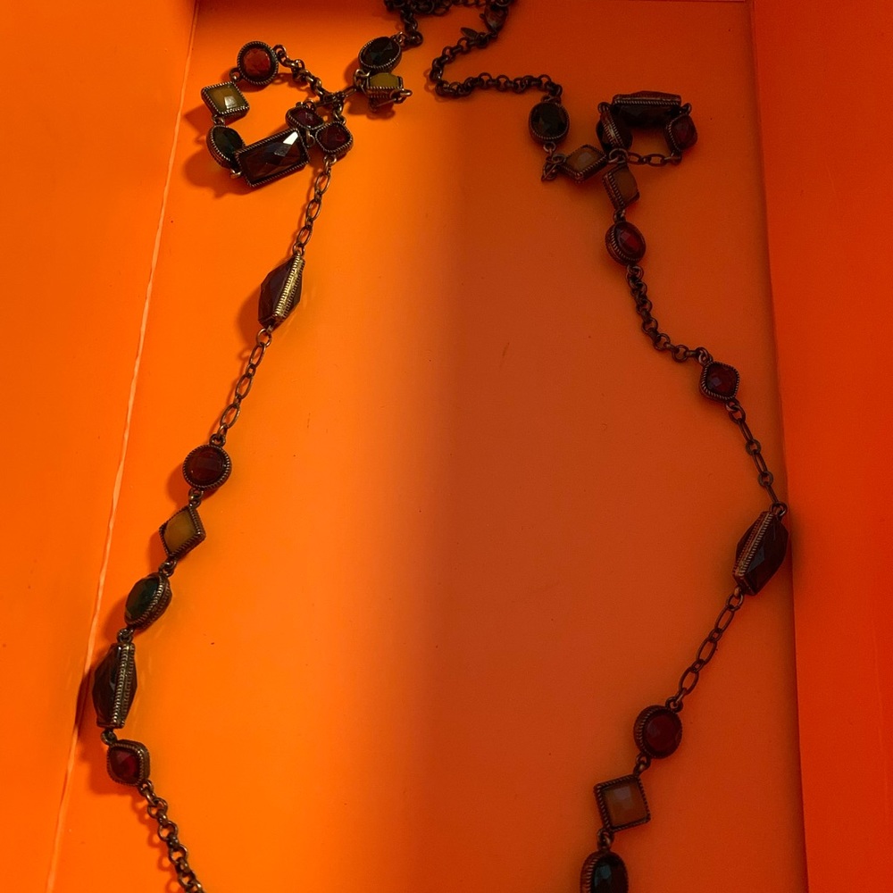 Long geometric faceted beads and link necklace